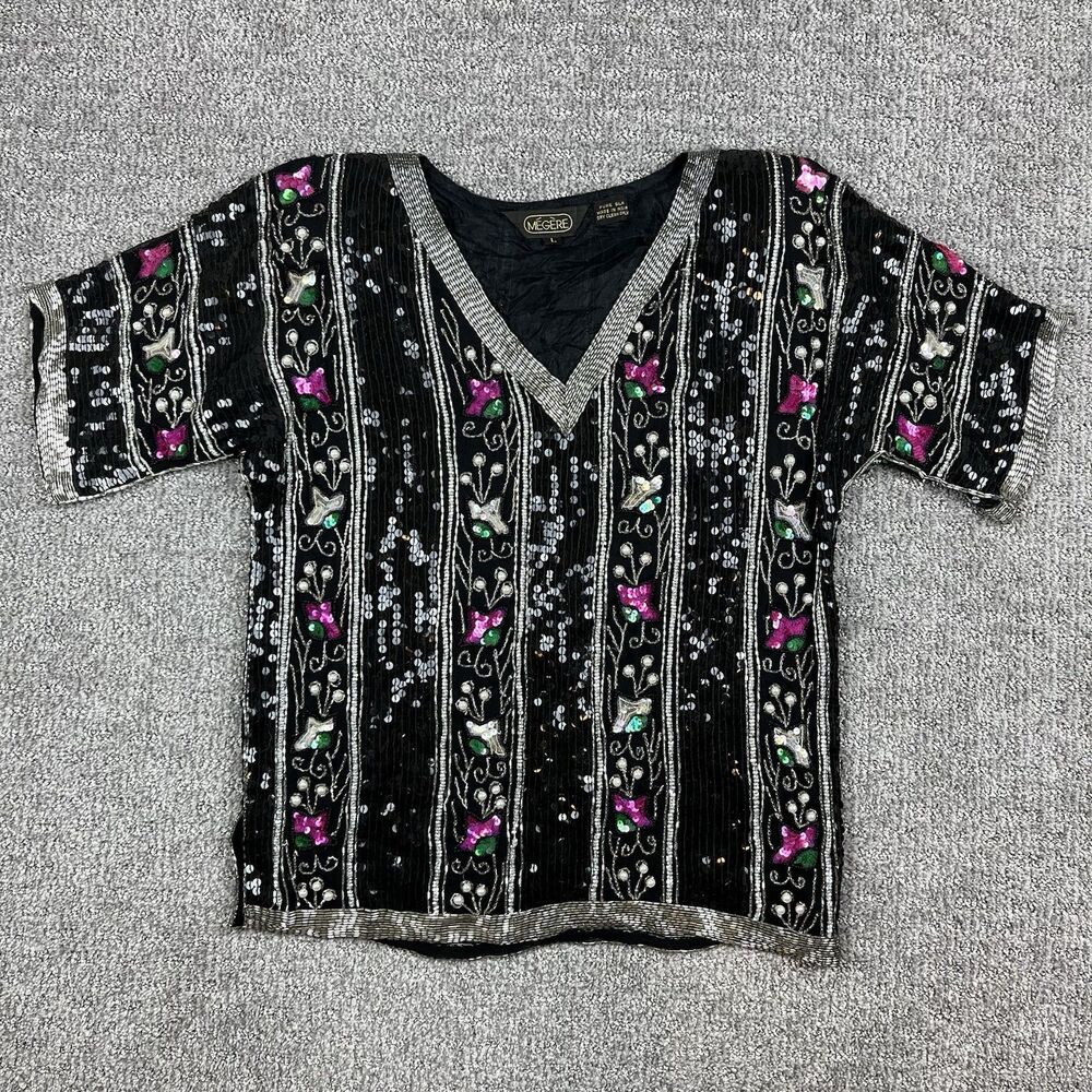 Vintage Megere Top Womens Large 80s Silk Beaded Sequins Retro Party Cocktail